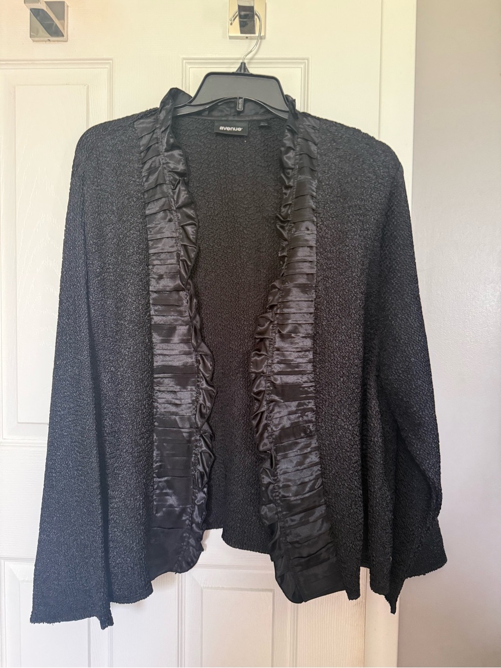 Avenue Black Open-Front lightweight Cardigan Jacket with Satin Ruffle Trim